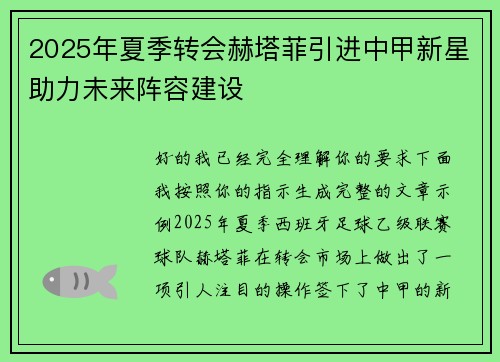 2025年夏季转会赫塔菲引进中甲新星助力未来阵容建设