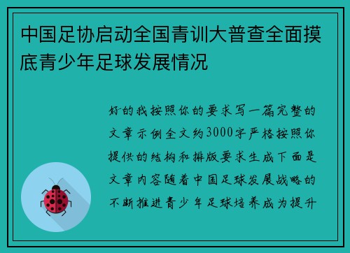 中国足协启动全国青训大普查全面摸底青少年足球发展情况